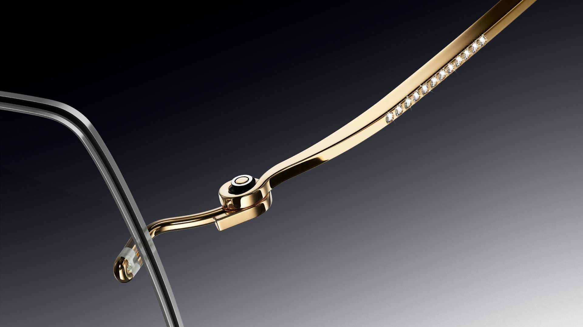 LINDBERG precious eyewear — gold and diamond temple detail on a deep ground